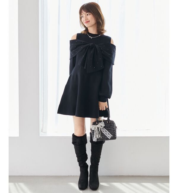  「ビジューリボンニットミニワンピース」|ワンピース|