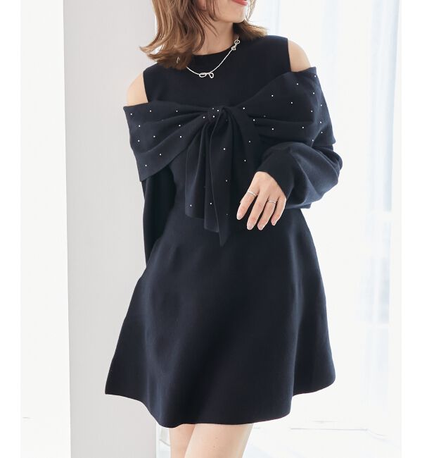  「ビジューリボンニットミニワンピース」|ワンピース|