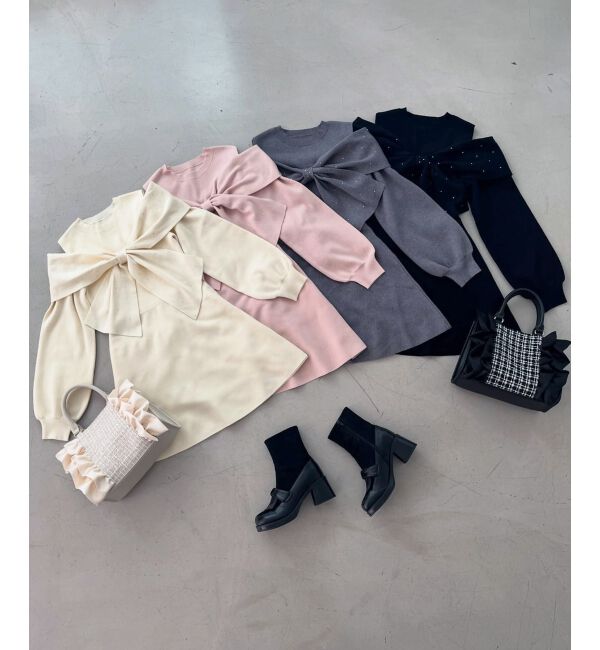  「ビジューリボンニットミニワンピース」|ワンピース|