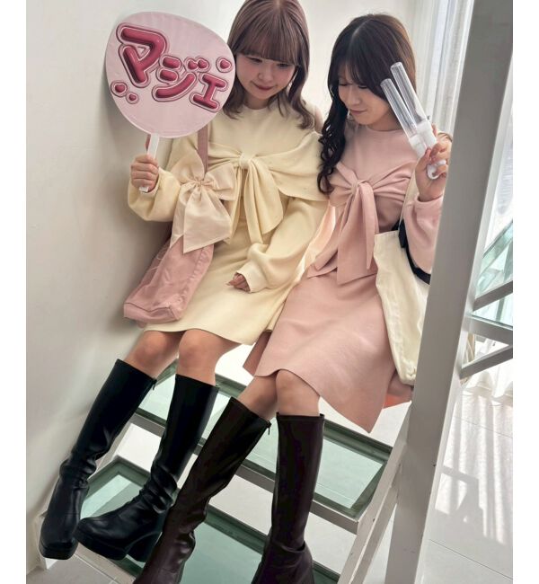  「ビジューリボンニットミニワンピース」|ワンピース|ピンク