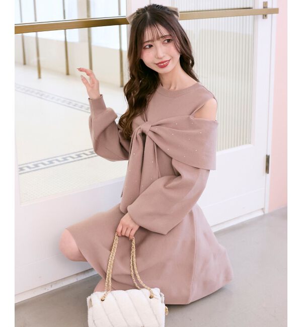  「ビジューリボンニットミニワンピース」|ワンピース|ピンクベージュ