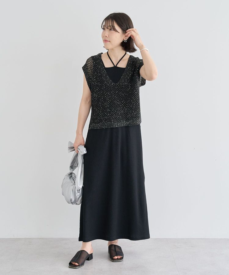 Green Parks「SET2点ラメメッシュベスト+リブワンピース」|ワンピース|Black
