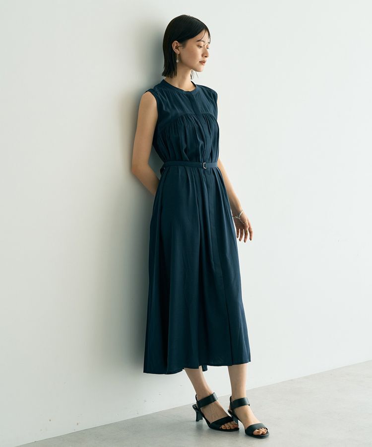 YECCA VECCA「ベルト付きラメステッチギャザーワンピース」|ワンピース|Navy