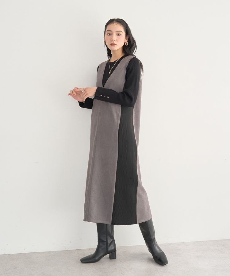 YECCA VECCA「ニット切替フェイクスエードジャンスカ」|ジャンパースカート|Charcoal Gray