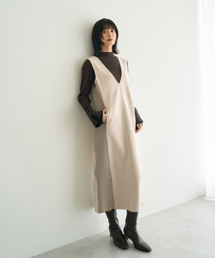 YECCA VECCA「ニット切替フェイクスエードジャンスカ」|ジャンパースカート|Gray Beige