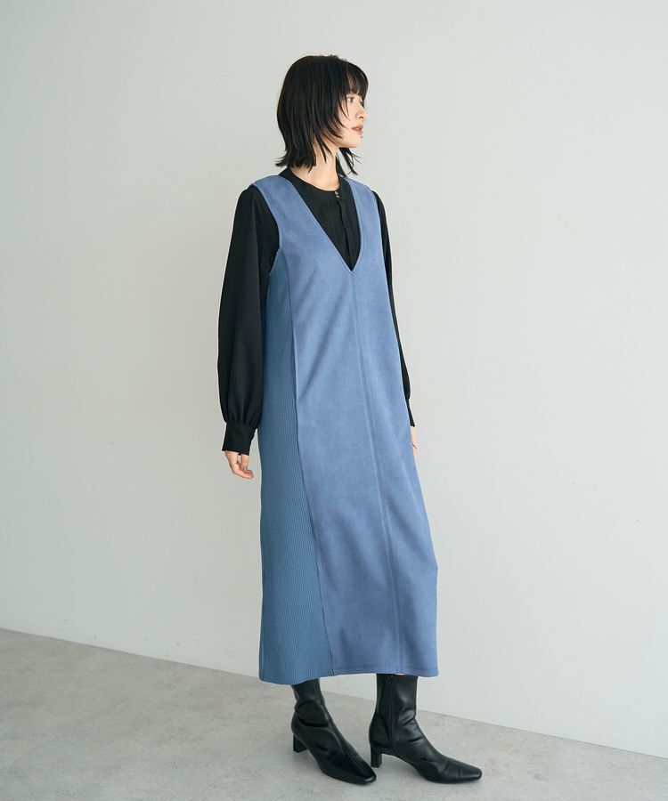 YECCA VECCA「ニット切替フェイクスエードジャンスカ」|ジャンパースカート|Blue