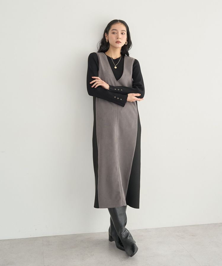 YECCA VECCA「ニット切替フェイクスエードジャンスカ」|ジャンパースカート|