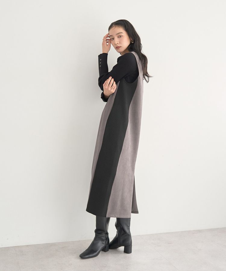 YECCA VECCA「ニット切替フェイクスエードジャンスカ」|ジャンパースカート|