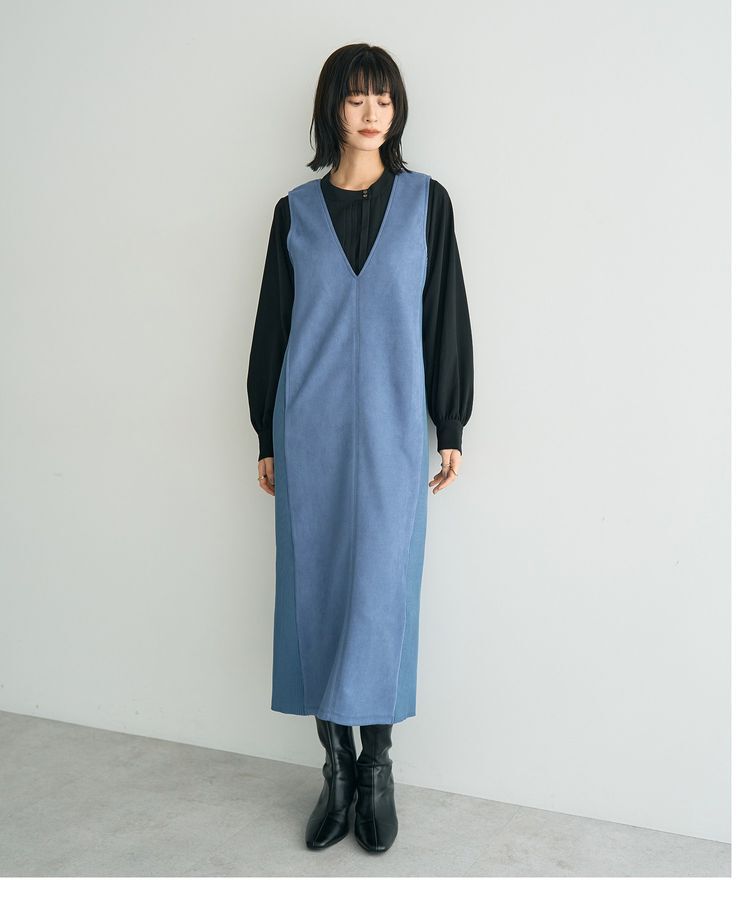 YECCA VECCA「ニット切替フェイクスエードジャンスカ」|ジャンパースカート|