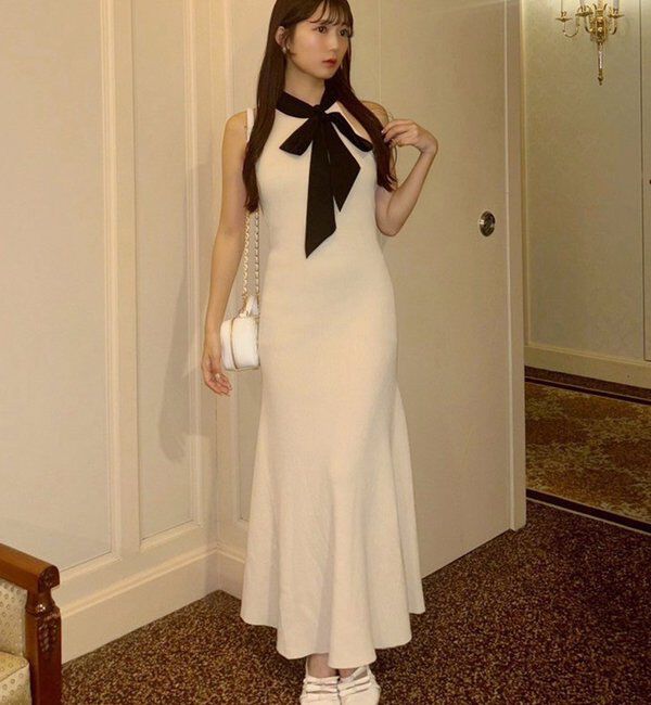  「【Mode Ribbon Collection】ボウタイアメスリニットワンピ」|ワンピース|アイボリー