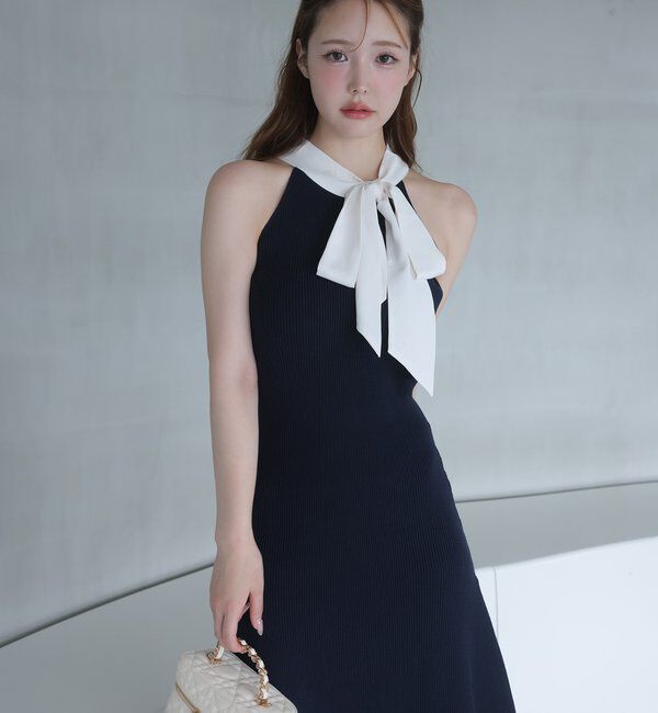  「【Mode Ribbon Collection】ボウタイアメスリニットワンピ」|ワンピース|