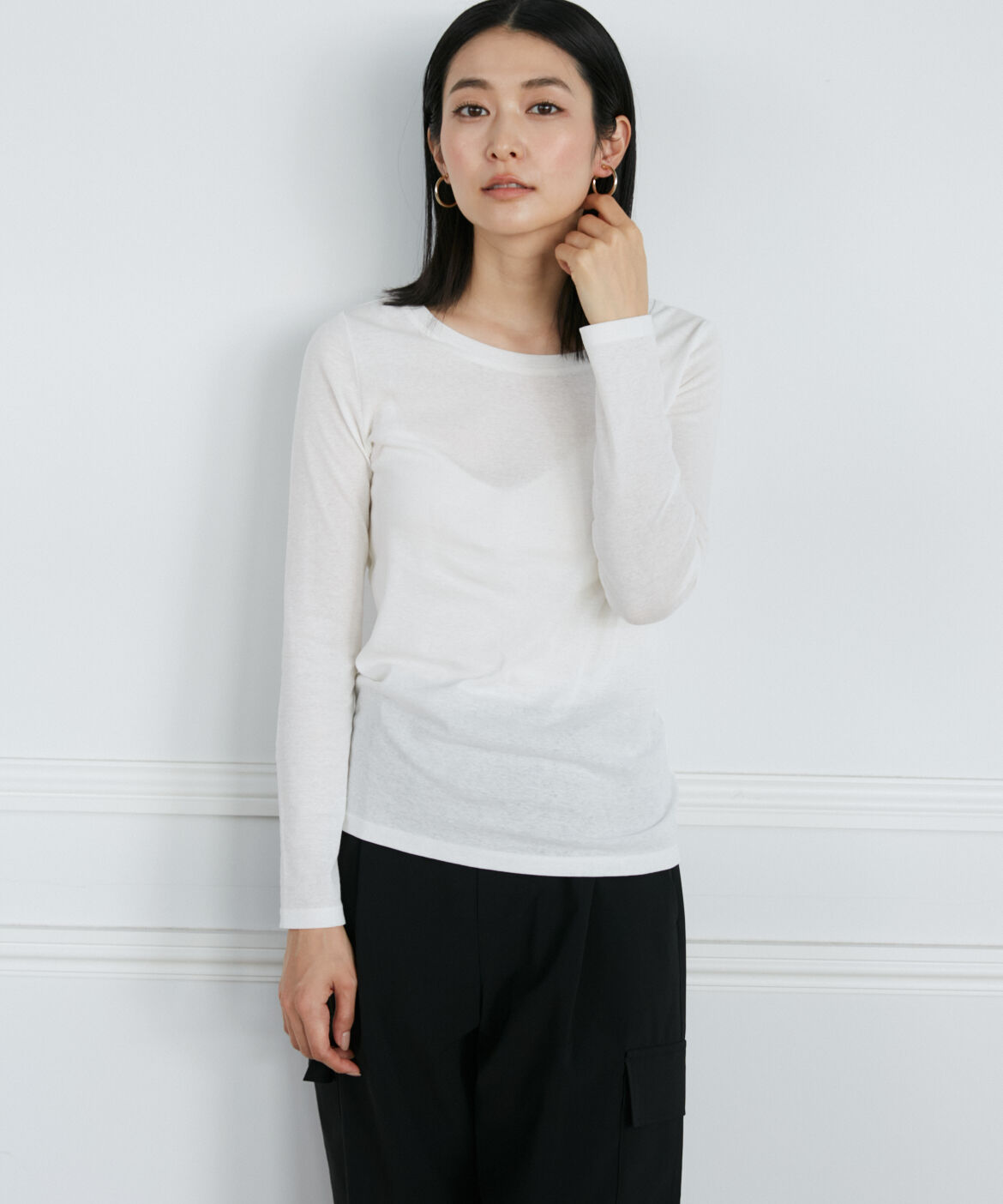 INED「《大きいサイズ》コットンクルーネックシアーロングTシャツ」|Tシャツ・カットソー|