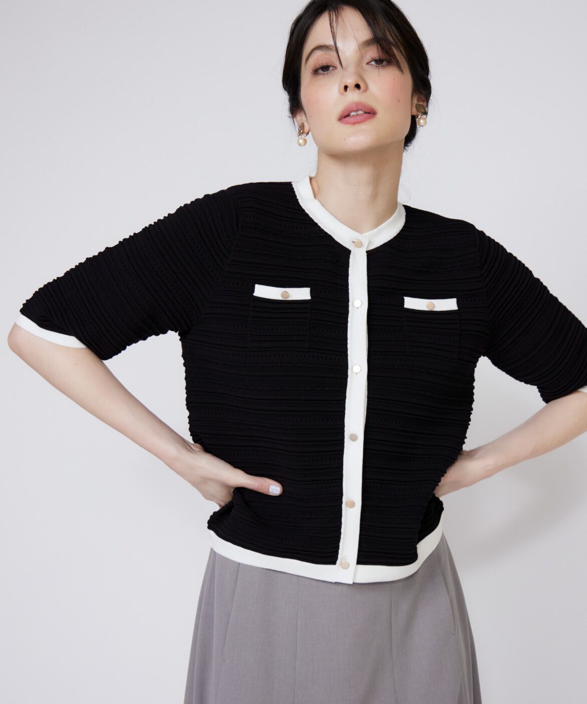 Maglie le cassetto「ピンタック柄ニットジャケット」|カーディガン|ブラック
