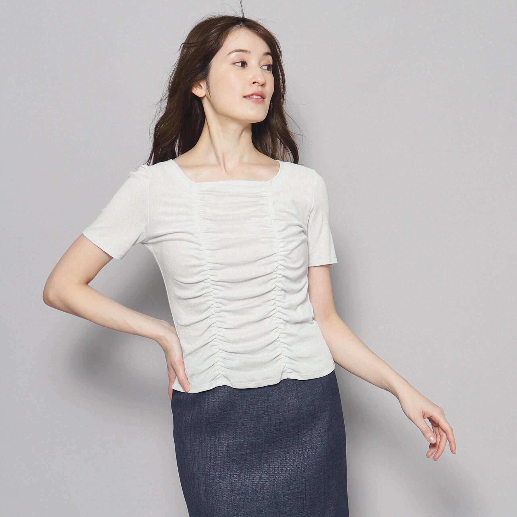 COUP DE CHANCE「【洗える／日本製】華やかギャザーラメジャージ」|Tシャツ・カットソー|シルバー(006)
