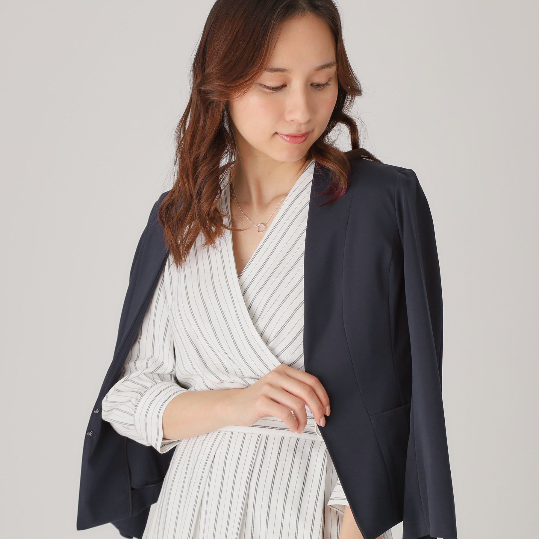 COUP DE CHANCE「【洗える／日本製】細見えカラーレスジャケット」|ノーカラージャケット|ネイビー(094)