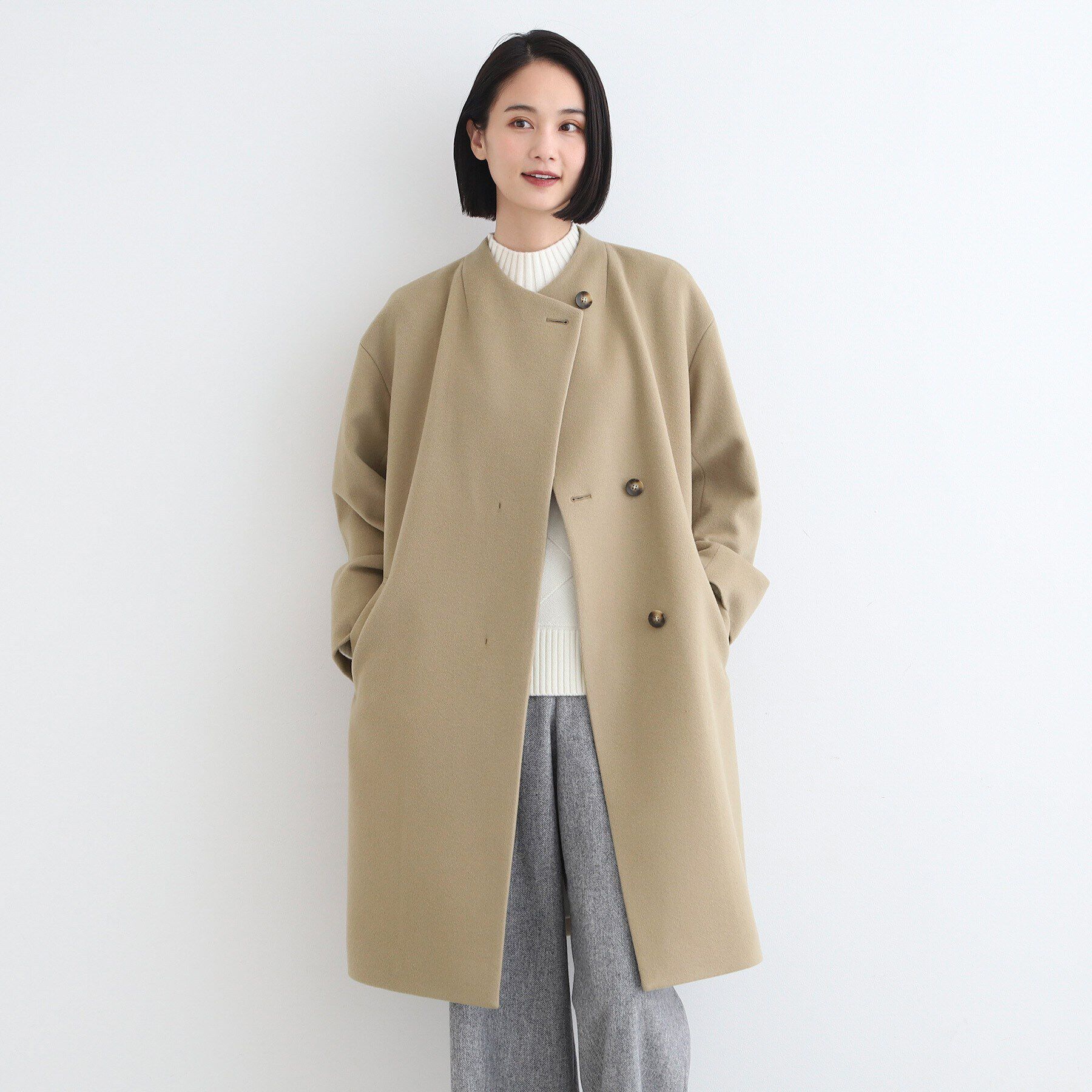 INDIVI「【ウール】コクーンシルエットフォルムコート」|ノーカラーコート|タバコブラウン(05