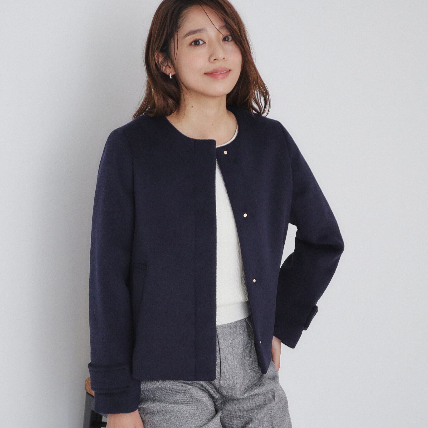index「《5color/XS-LLsize》ウール混ノーカラーショートコート」|ノーカラーコート|ネイビー(094)