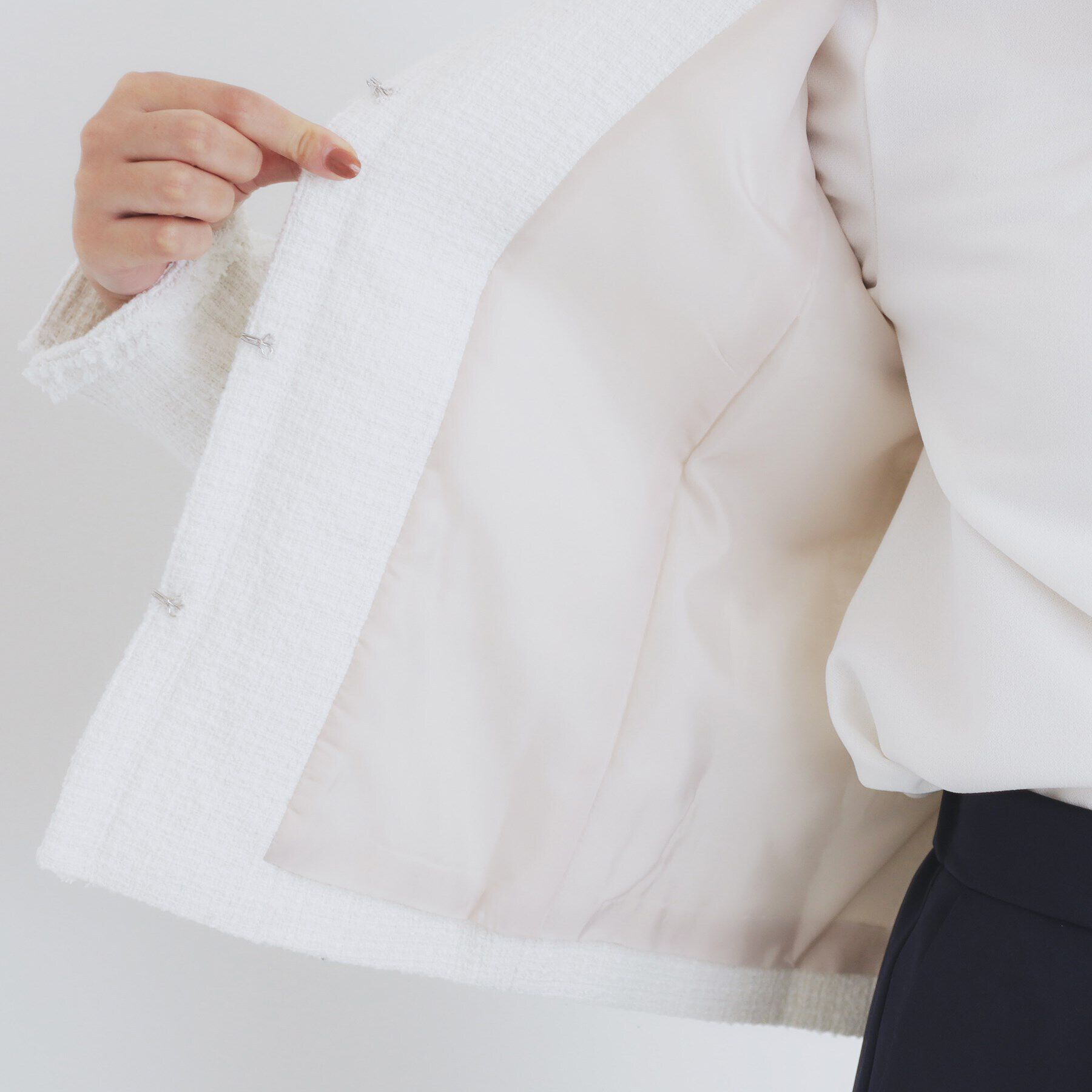 index「＜通勤・セレモニー/セットアップ対応＞ノーカラーツイードジャケット【洗える】」|ノーカラージャケット|