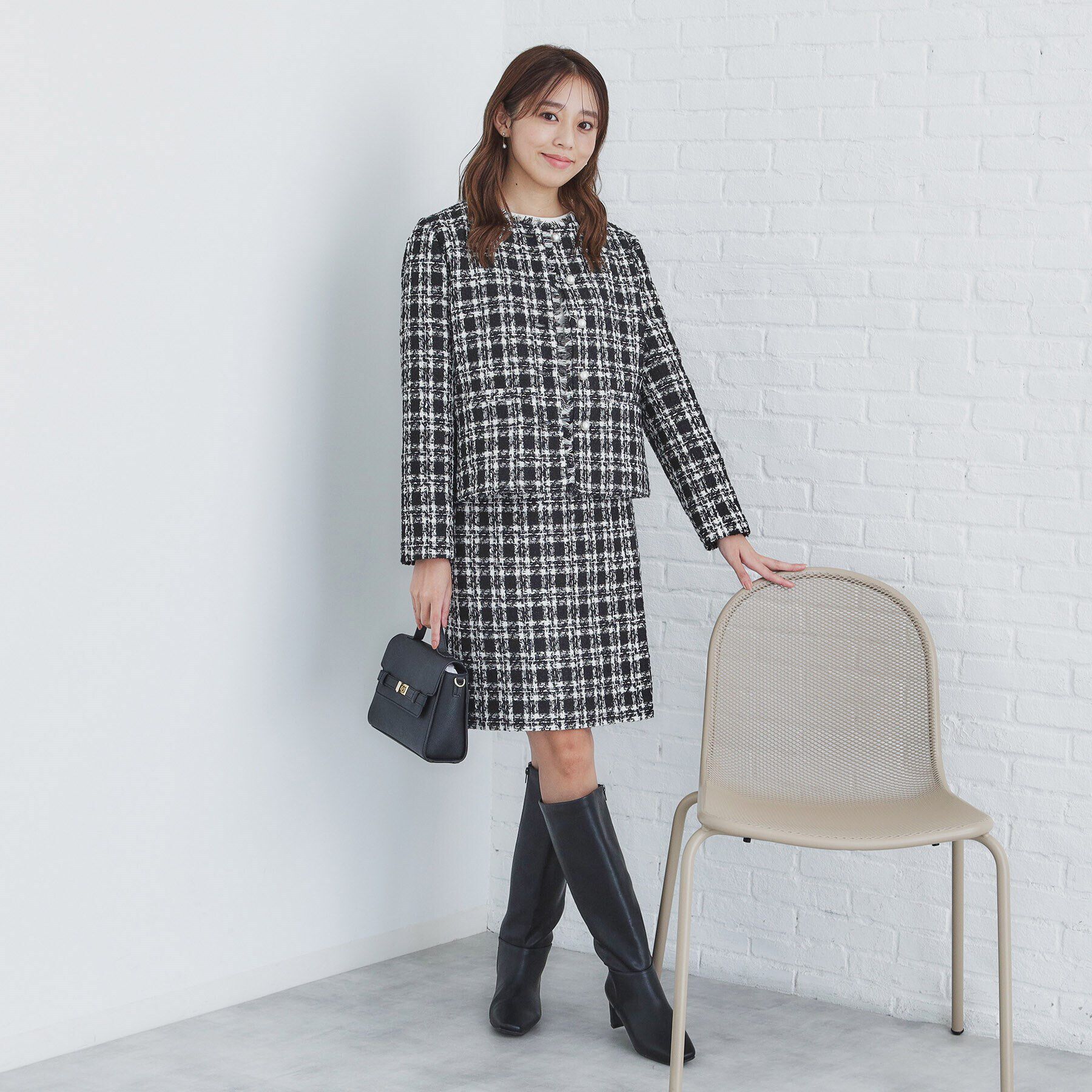 index「チェックツイードノーカラーコート/セットアップ対応【洗える】」|ノーカラーコート|