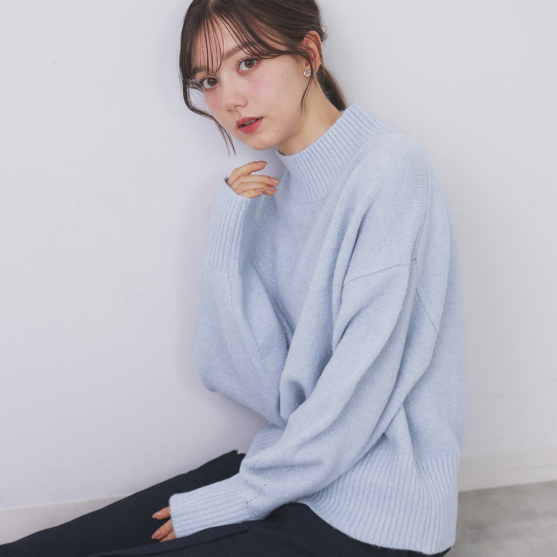 index「選べる2丈 ハイネックカラーミックスラメニット【洗濯機OK】」|ニット・セーター|サックスブルー(09