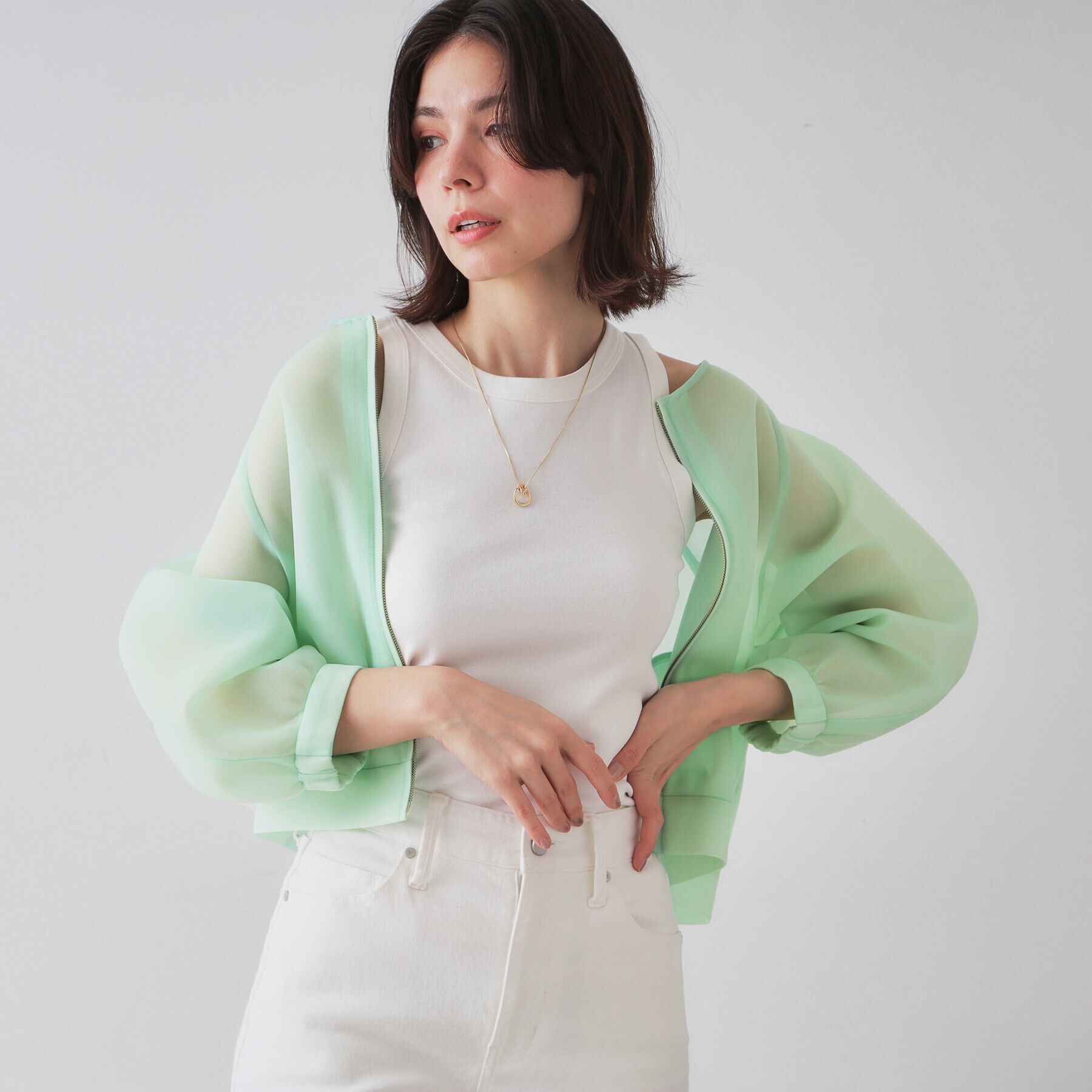 OPAQUE.CLIP「スポンディッシュシアーノーカラーブルゾン【洗濯機洗い可】」|ブルゾン・スタジャン|ミントグリーン(02