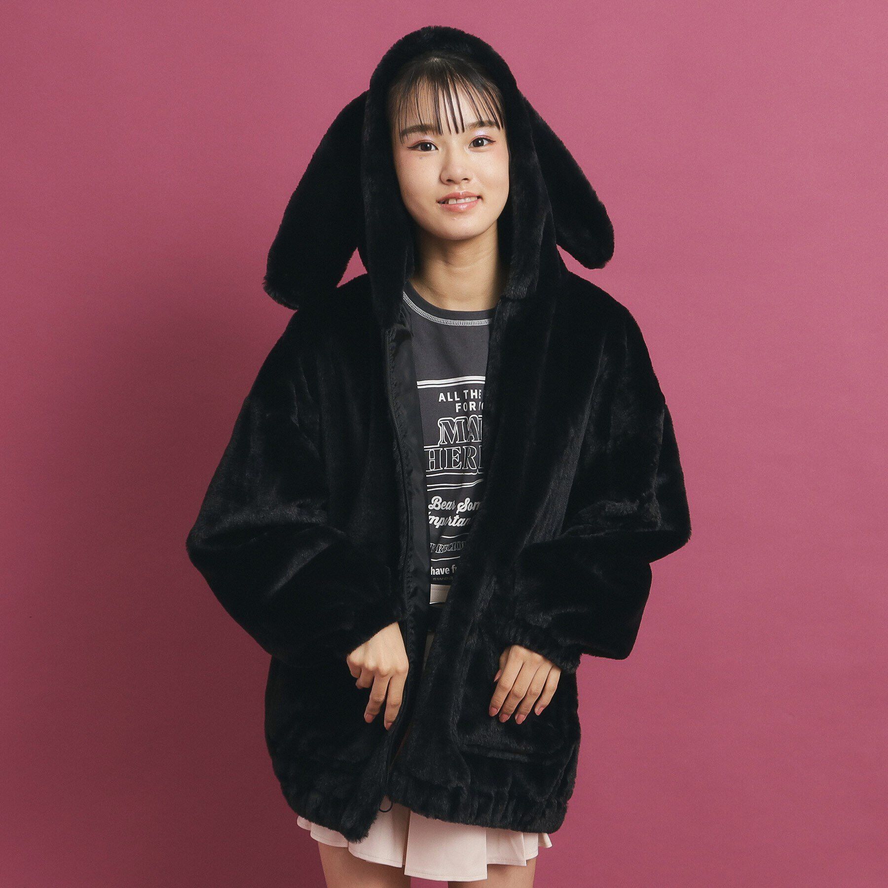 PINK-latte「【大人気/カラー追加あり】もふもふ エコファーブルゾン」|ブルゾン・スタジャン|ﾌﾞﾗｯｸ(019)