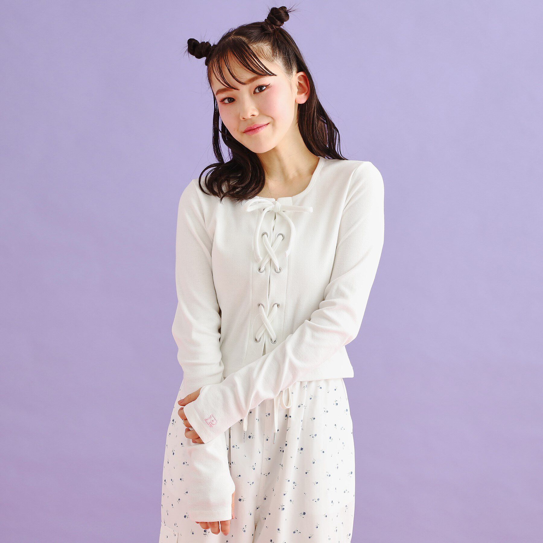 PINK-latte「レースアップテレコプルオーバー」|Tシャツ・カットソー|オフホワイト(003