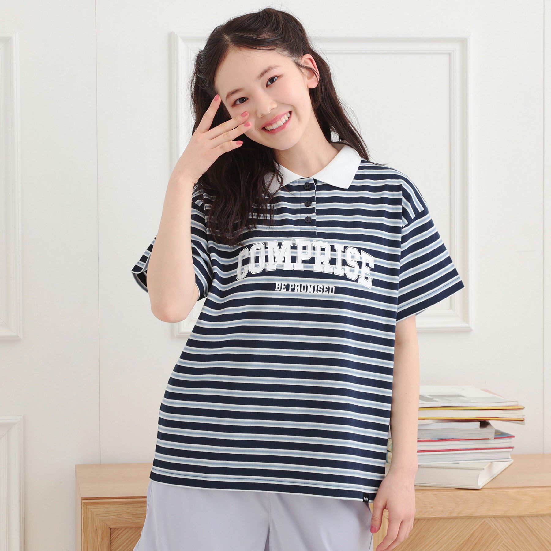 PINK-latte「ラガーシャツTシャツ」|Tシャツ・カットソー|ネイビー(294)