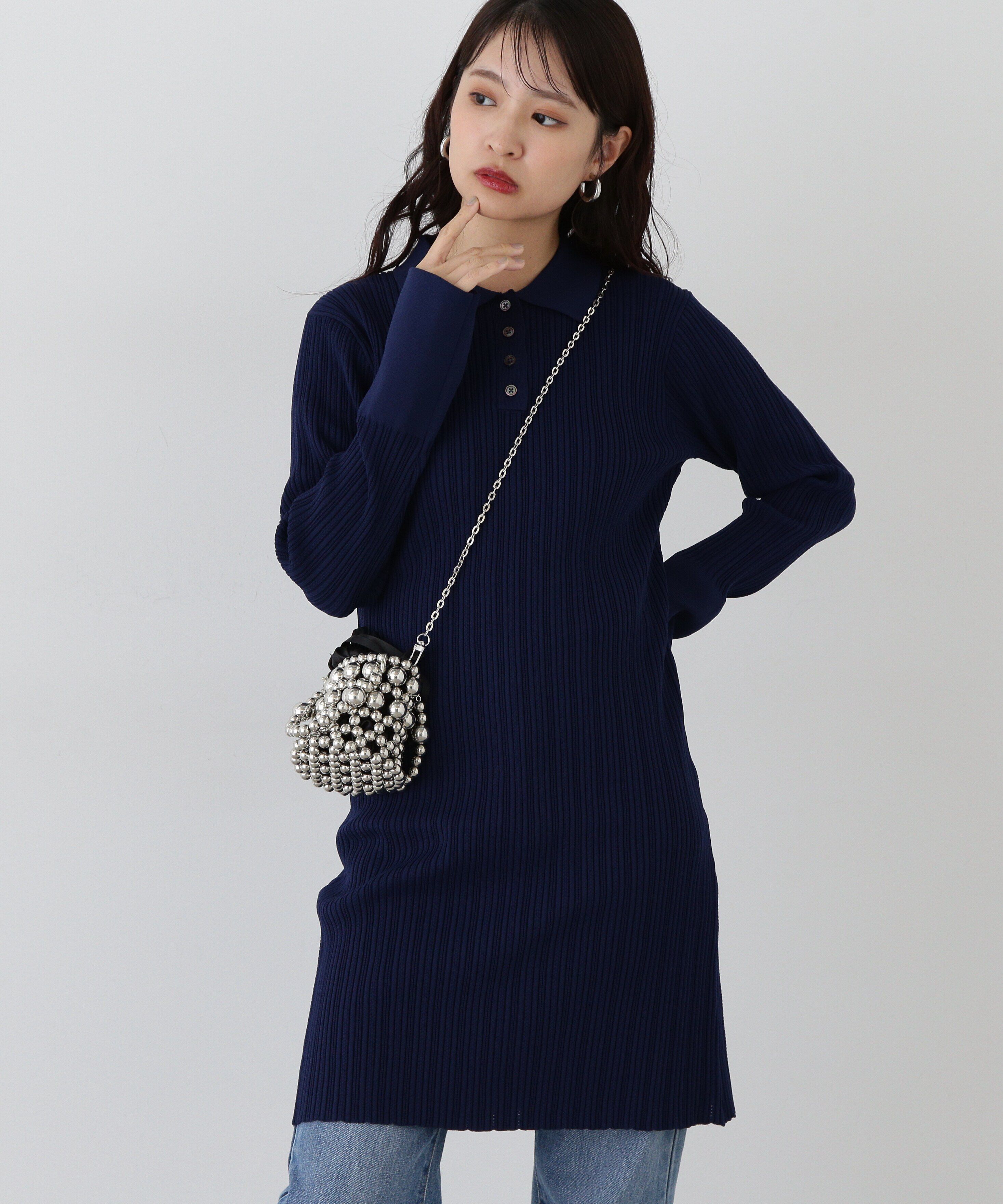  「フレアカフスポロミニワンピース」|ワンピース|ネイビー