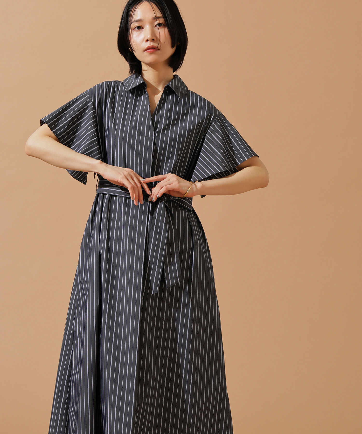  「スキッパーリボンベルトシャツワンピース」|ワンピース|