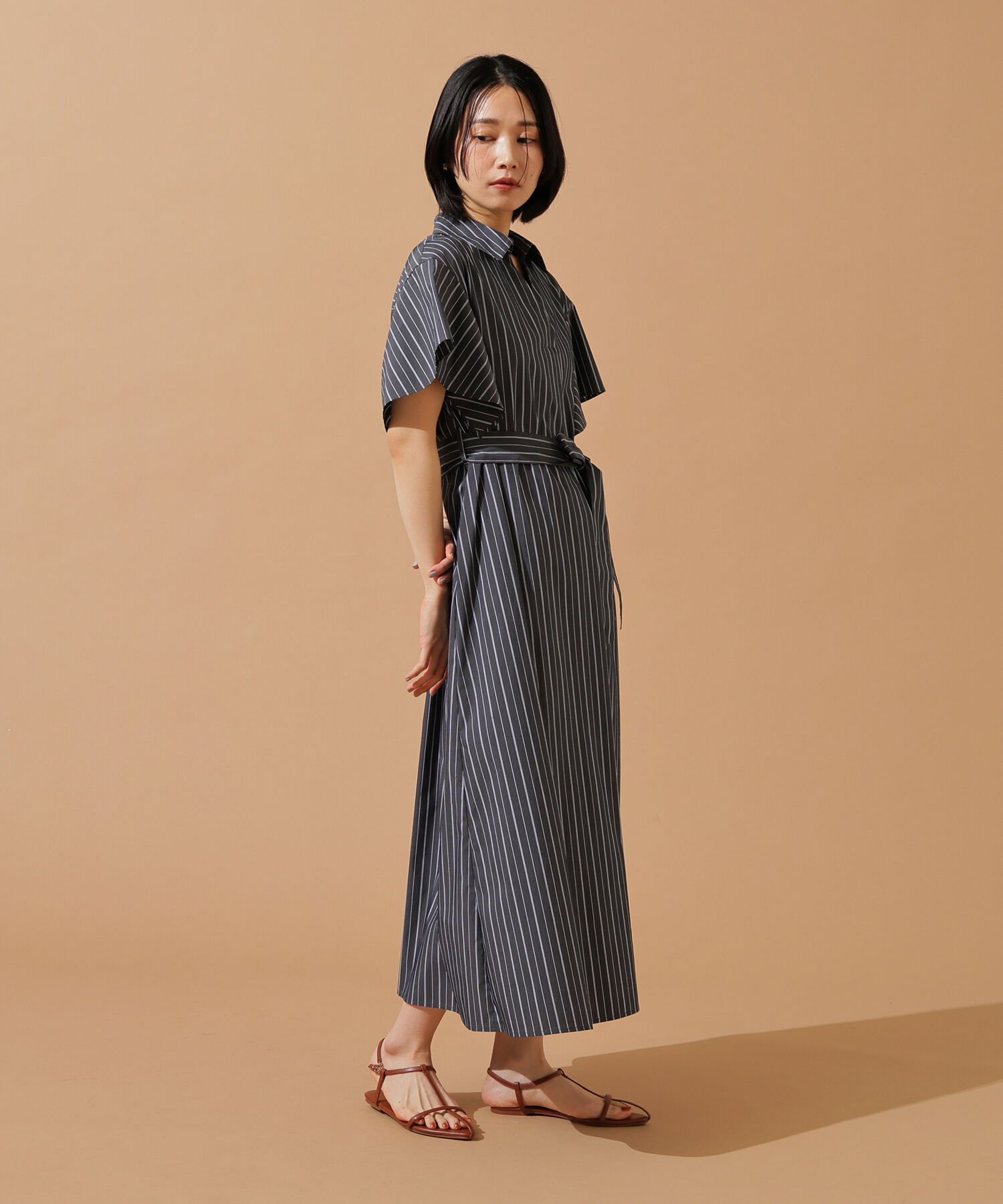  「スキッパーリボンベルトシャツワンピース」|ワンピース|