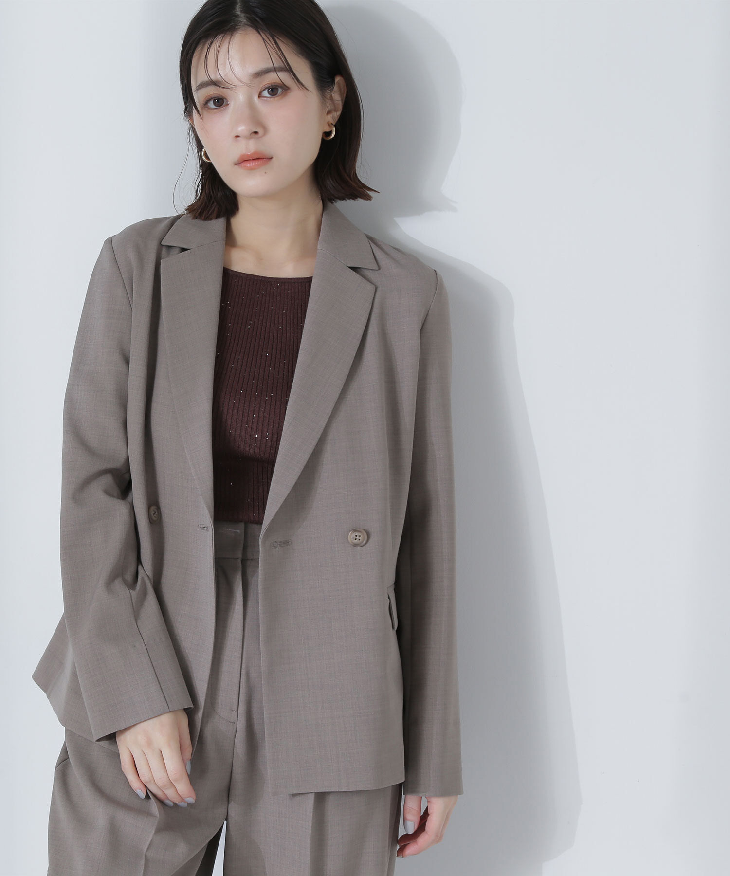  「リネンライク SETUP ダブルブレストジャケット」|その他|モカベージュ