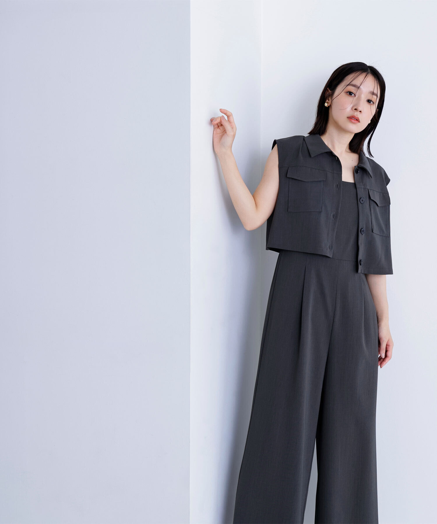  「クロップドポケットシャツ＆オールインワン」|ワンピース|チャコール1