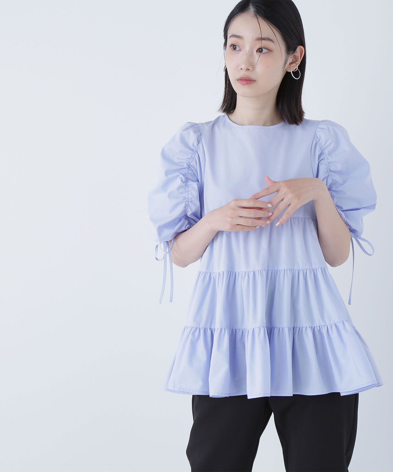  「ギャザースリーブティアードチュニックブラウス」|シャツ・ブラウス|ブルー