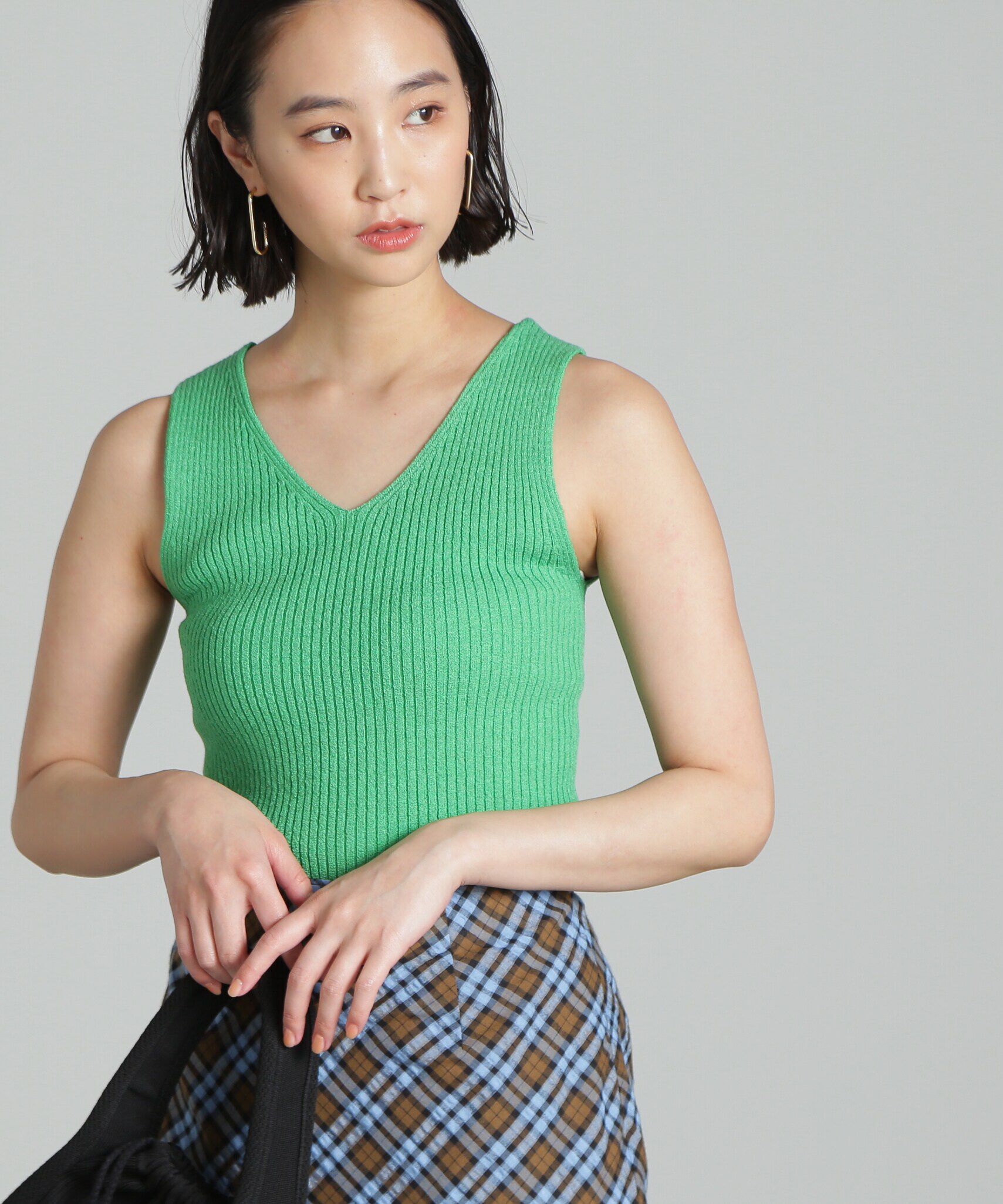  「ミニブークレVネックニットタンクトップ」|ニット・セーター|グリーン
