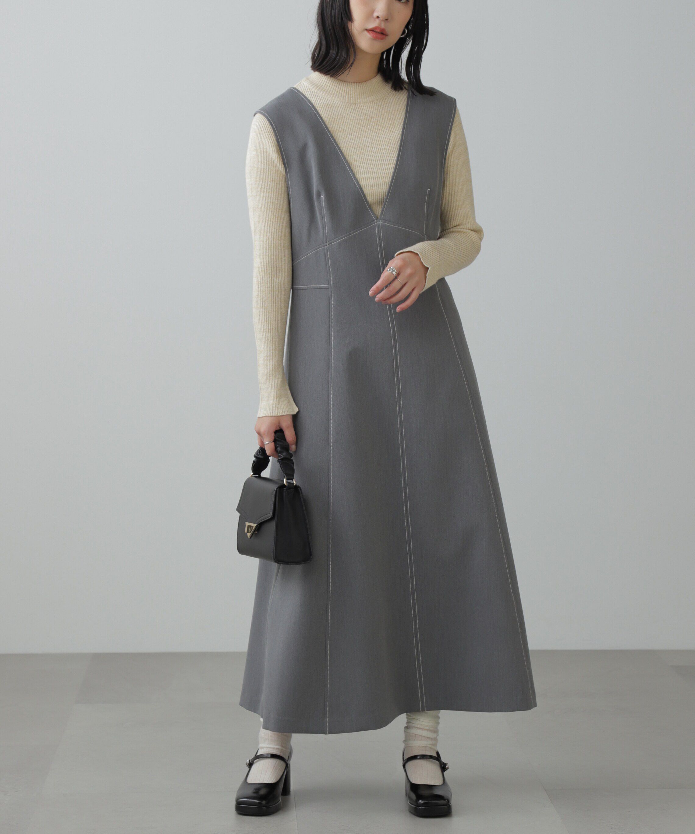  「配色ステッチジャンスカ」|ワンピース|グレー