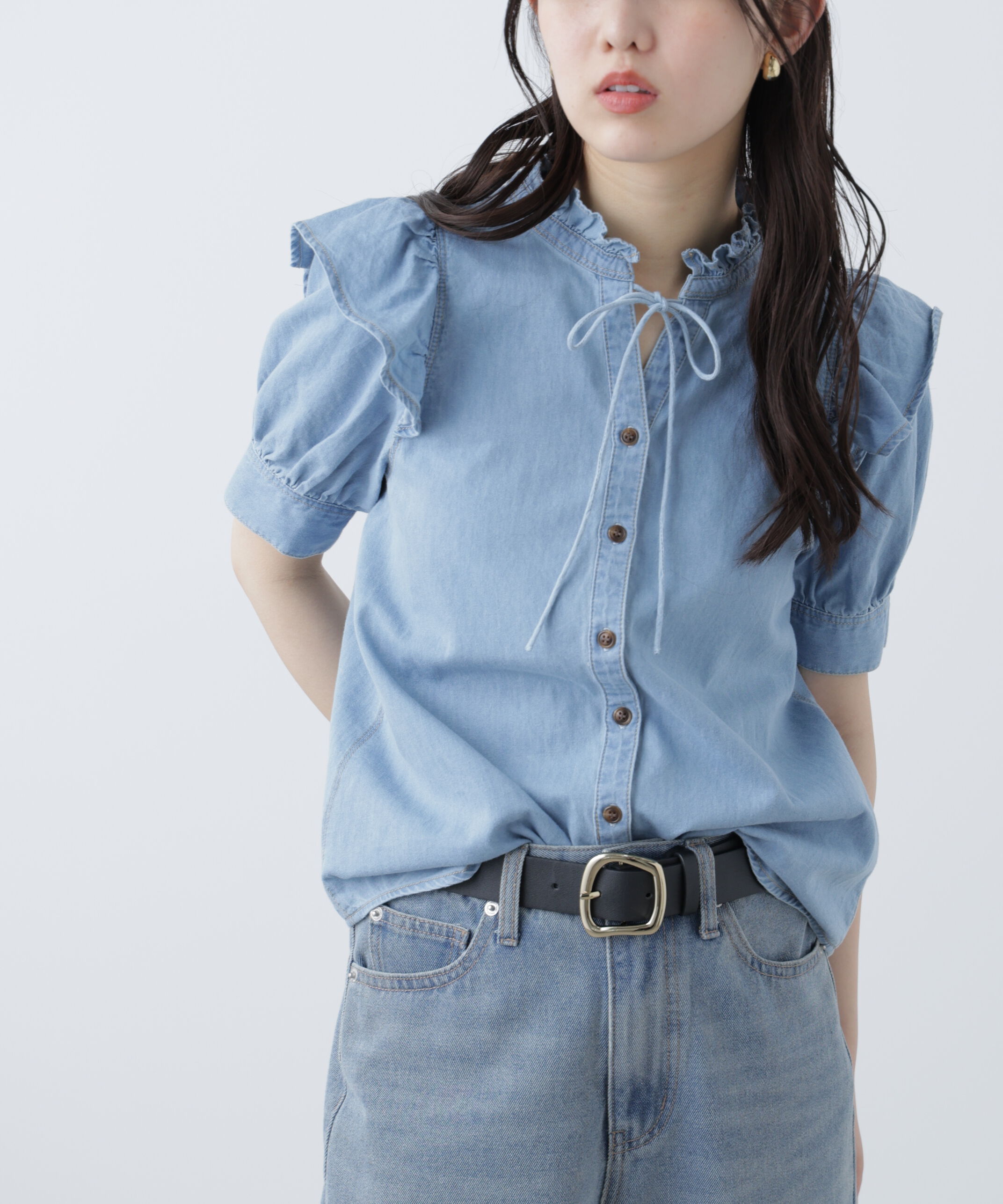  「スタンドフリル半袖ブラウス」|シャツ・ブラウス|