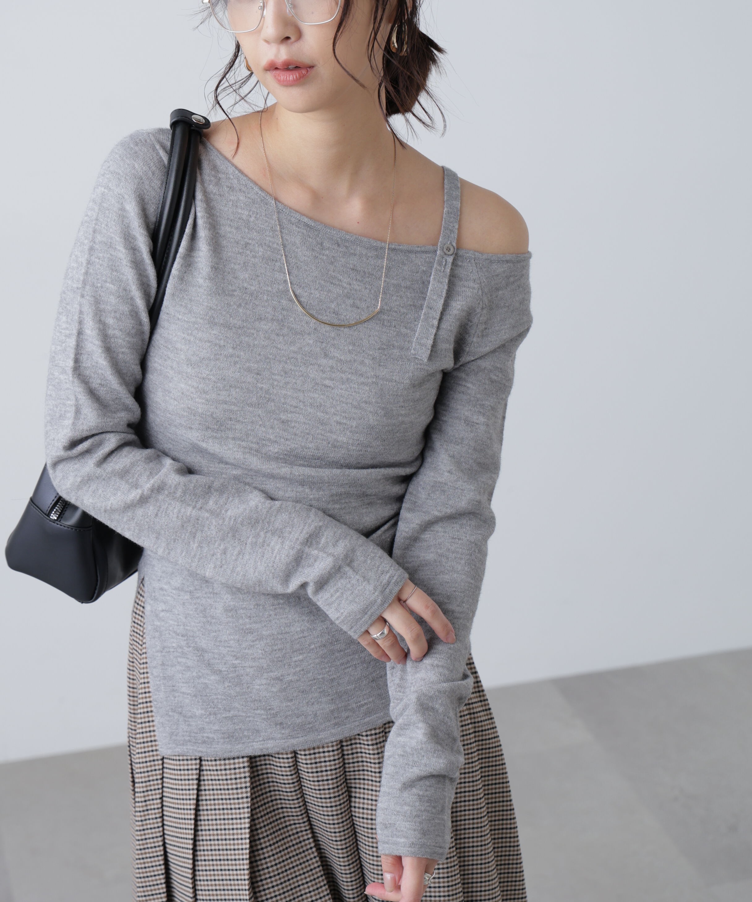  「ワンショルダーストラップニット」|ニット・セーター|グレー