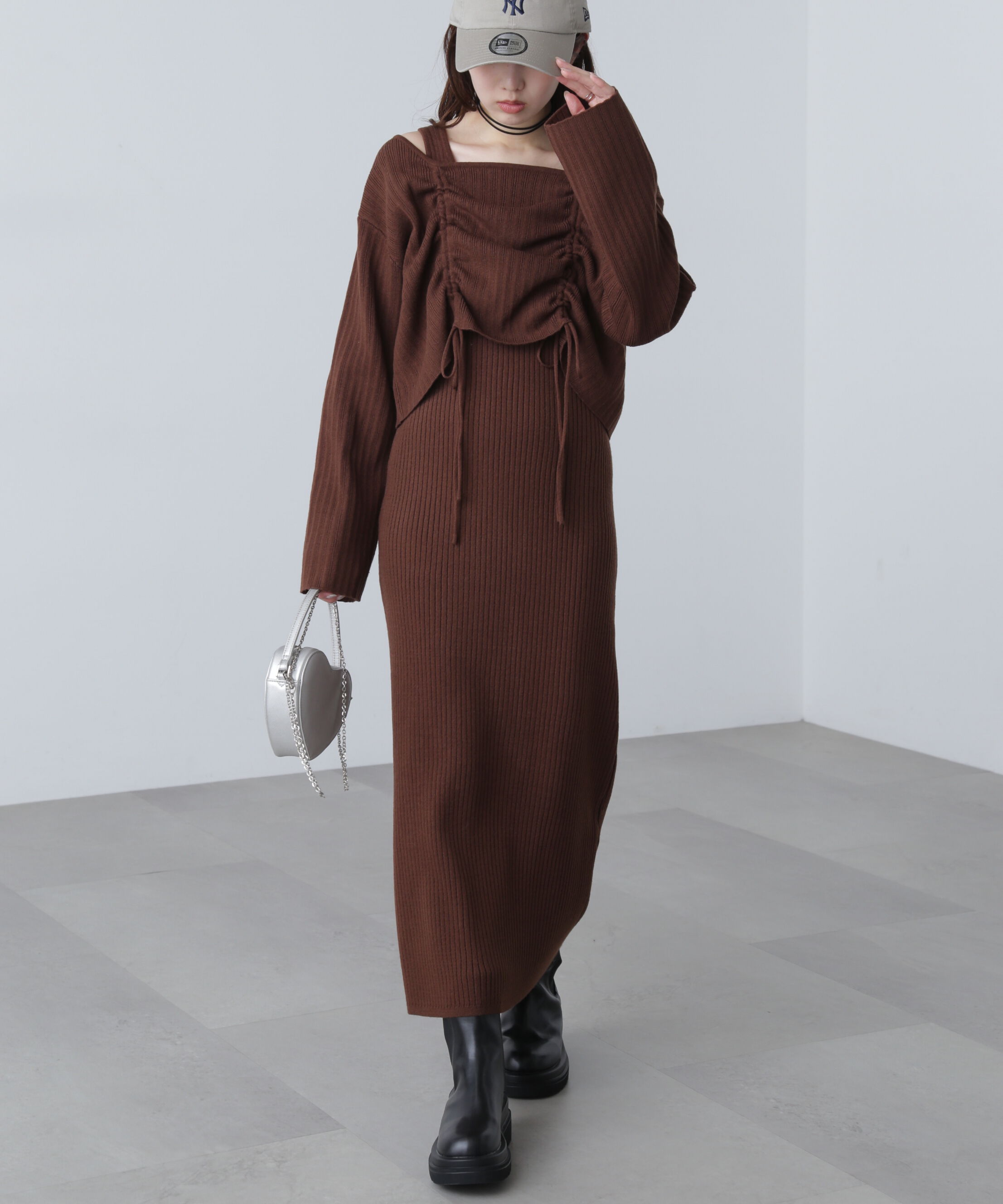  「ドロストリブニットセットアップ」|ワンピース|ブラウン