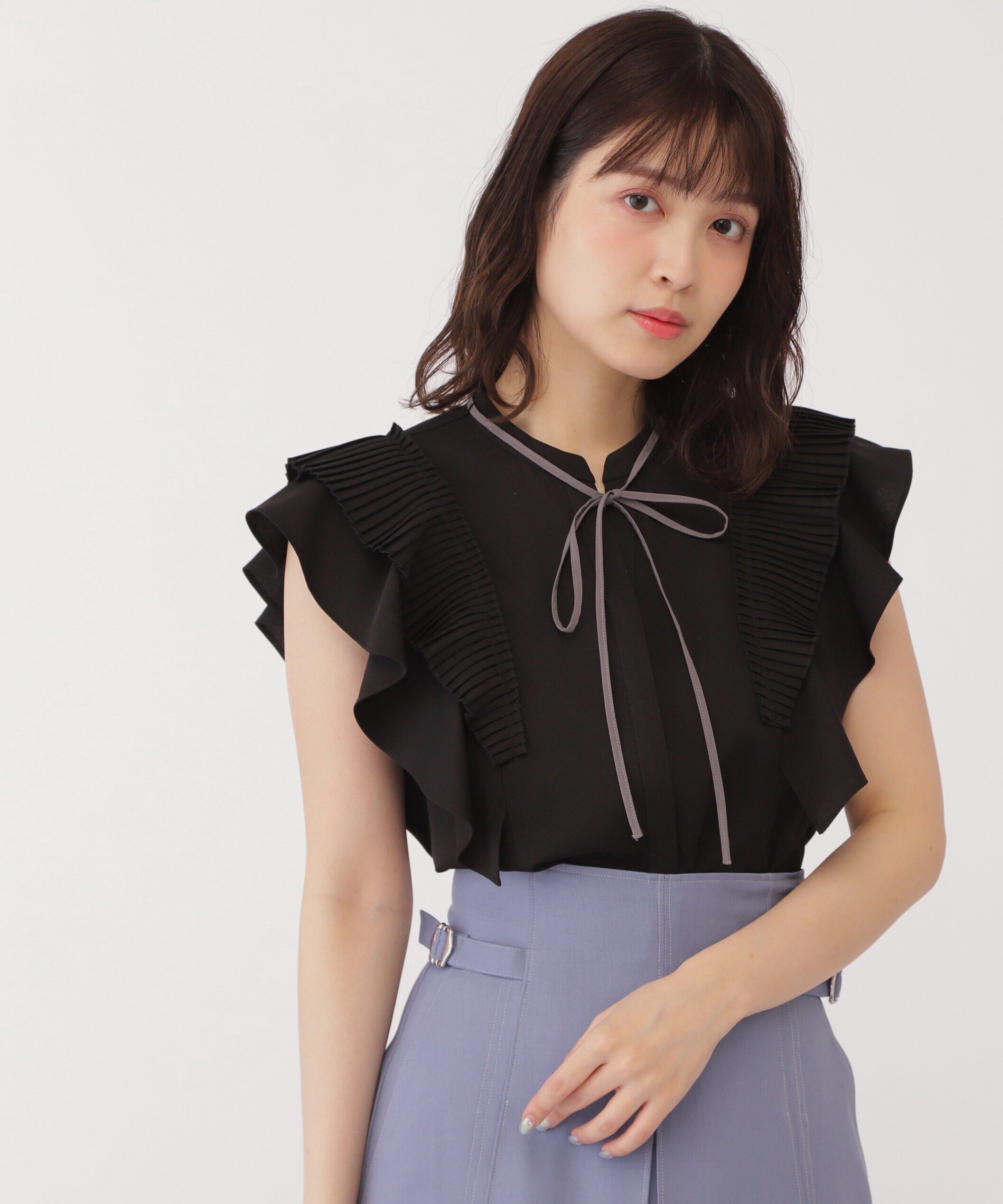  「プリーツラッフルフリルブラウス」|シャツ・ブラウス|ブラック