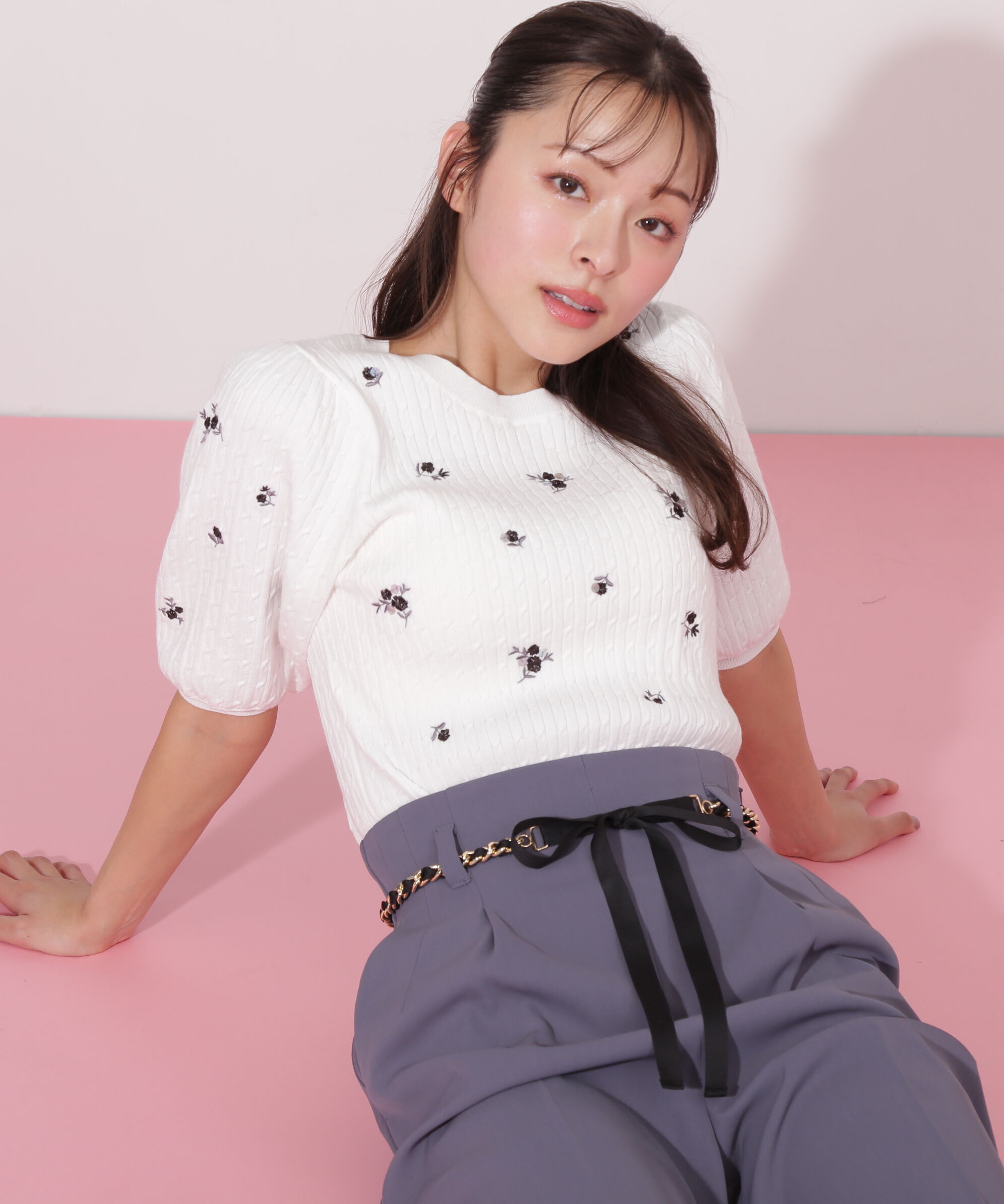  「フラワーエンブロイダリーコンパクトニット」|ニット・セーター|エクリュ1