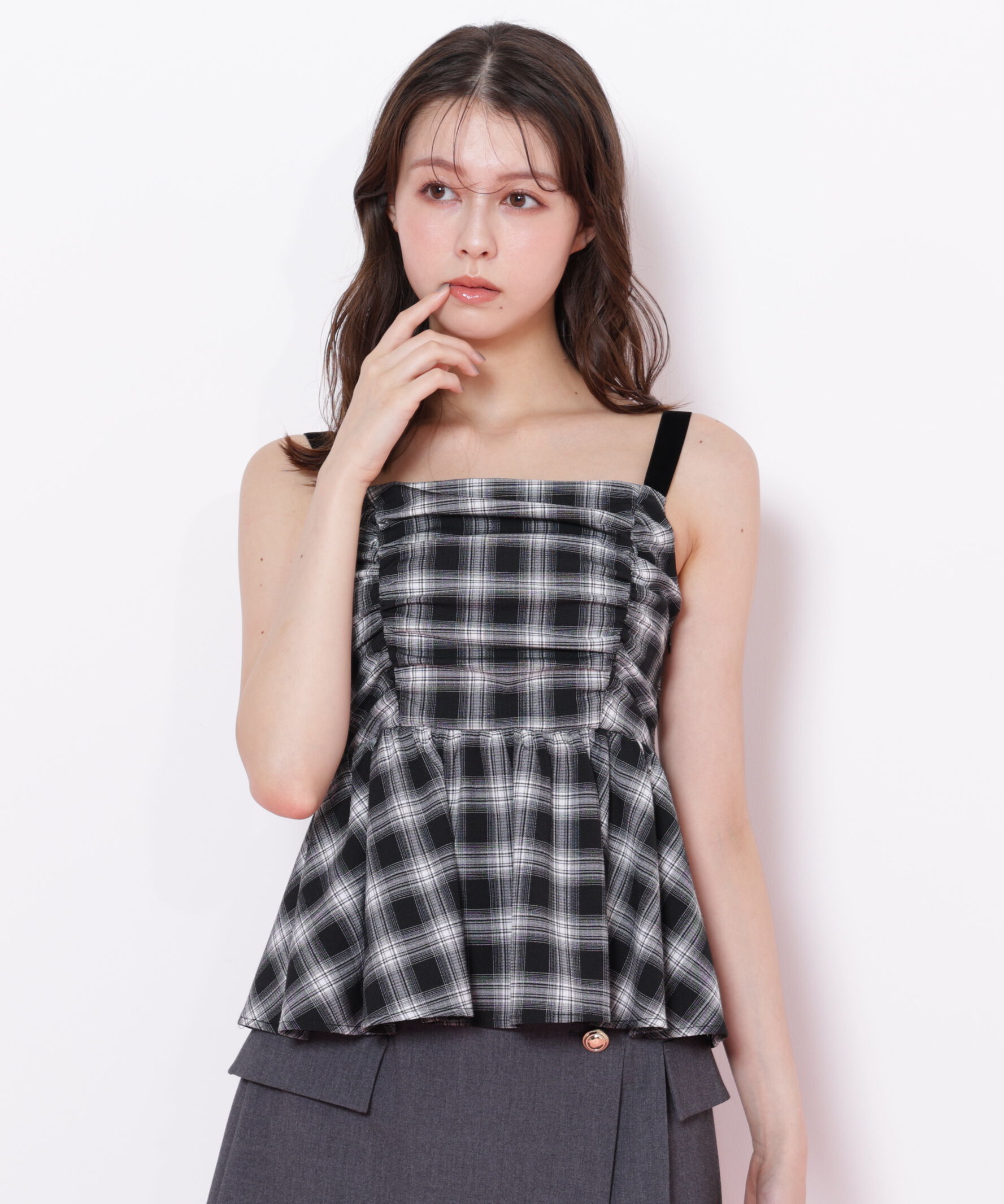  「オンブレーチェックシャーリングキャミ」|シャツ・ブラウス|ブラック1