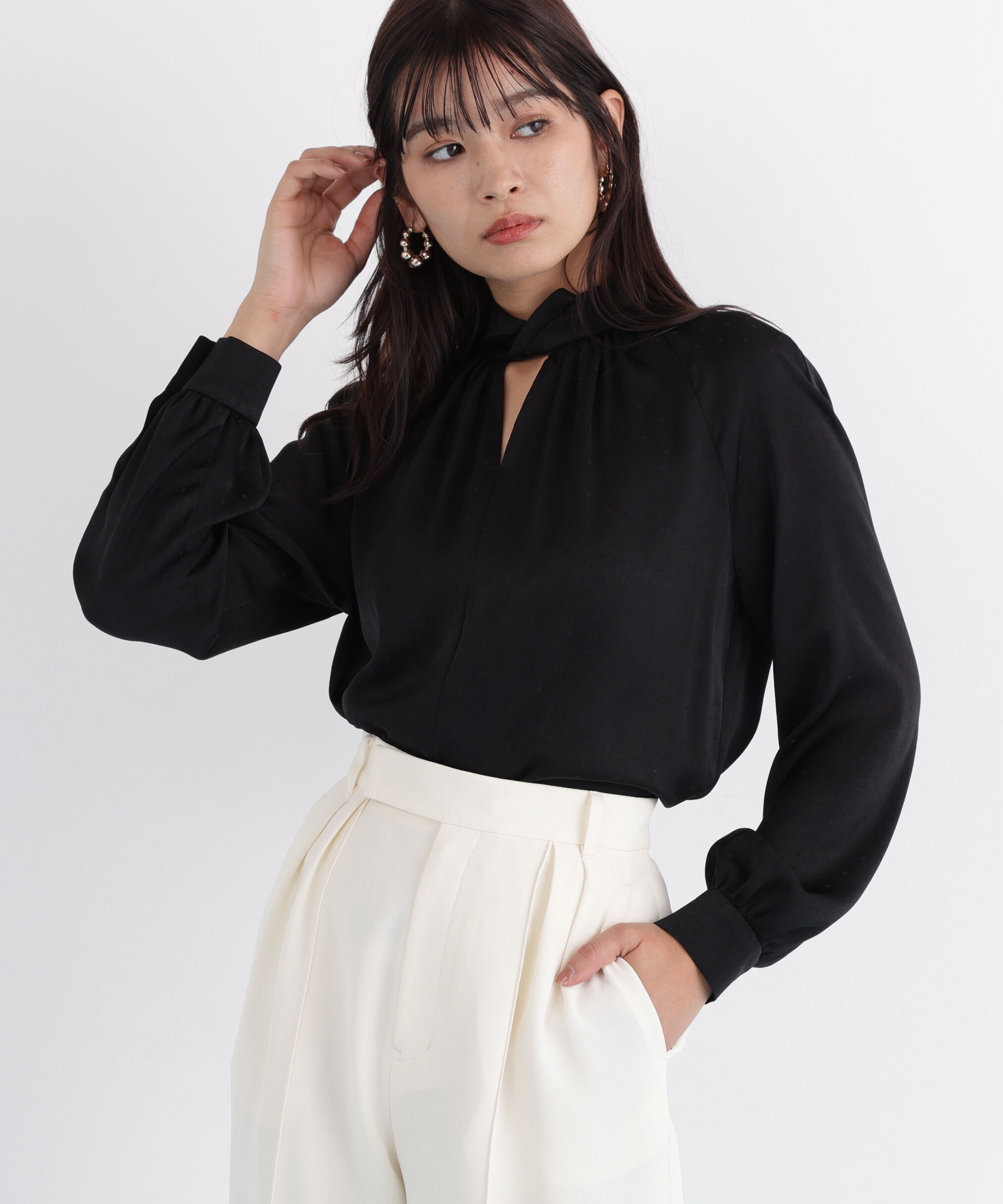  「◆ギャザーネックドットジャガードブラウス」|シャツ・ブラウス|