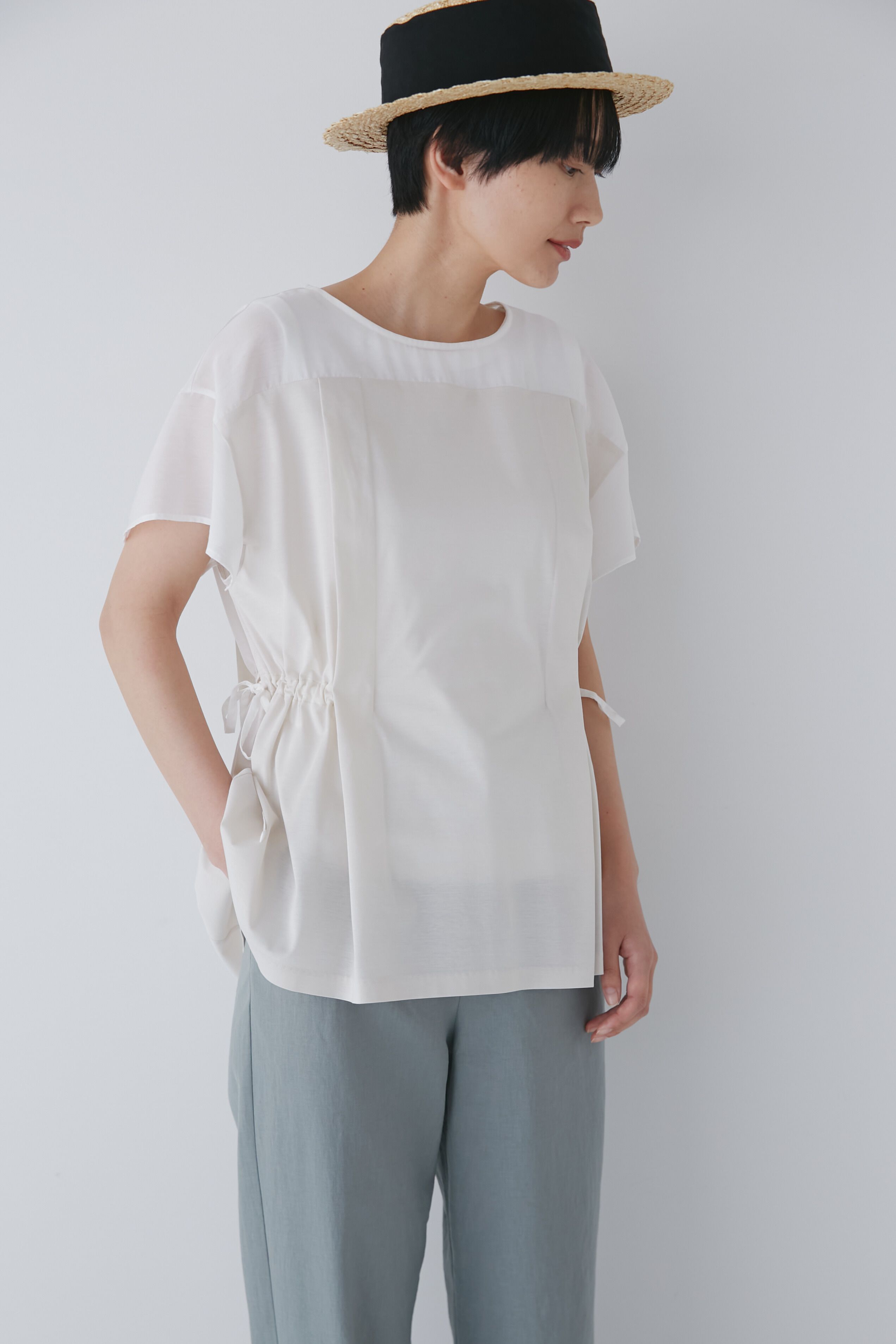  「◆異素材コンビギャザートップス」|Tシャツ・カットソー|エクリュ&times;ホ  1