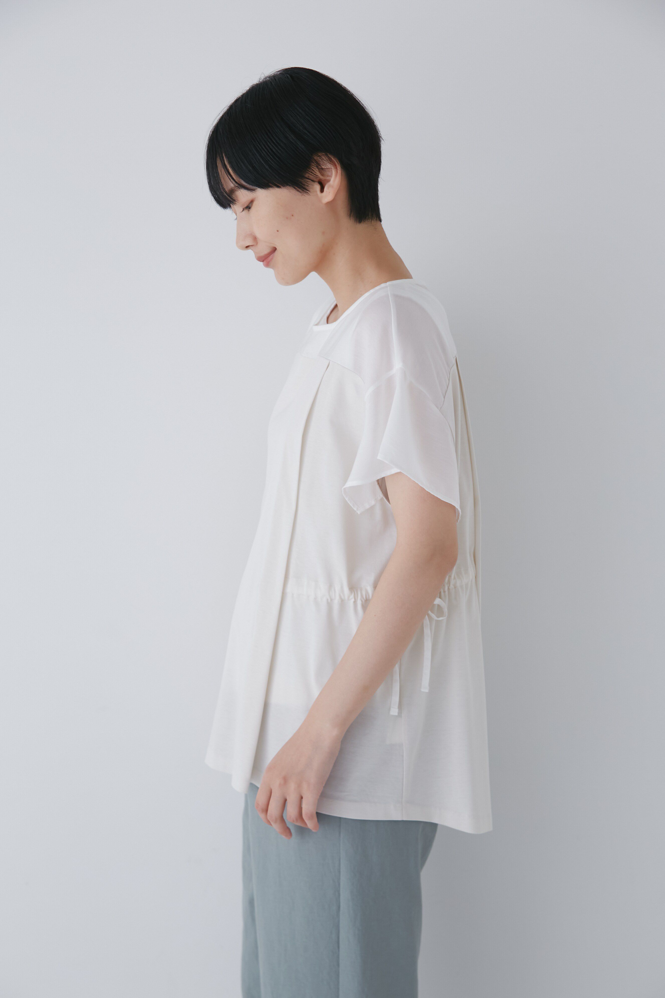  「◆異素材コンビギャザートップス」|Tシャツ・カットソー|