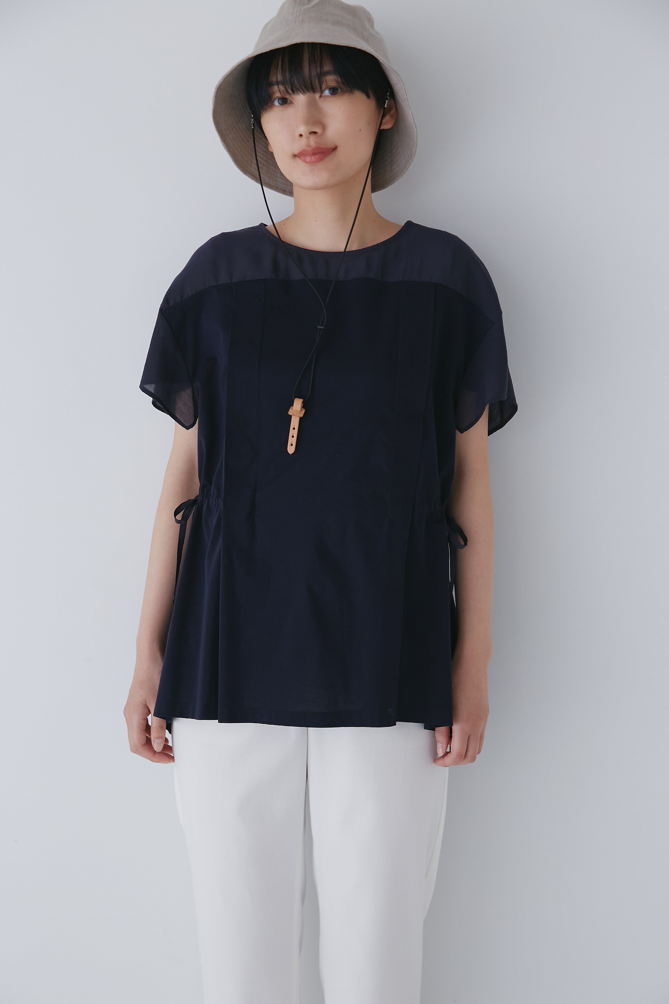  「◆異素材コンビギャザートップス」|Tシャツ・カットソー|ネイビー&times;ネイ