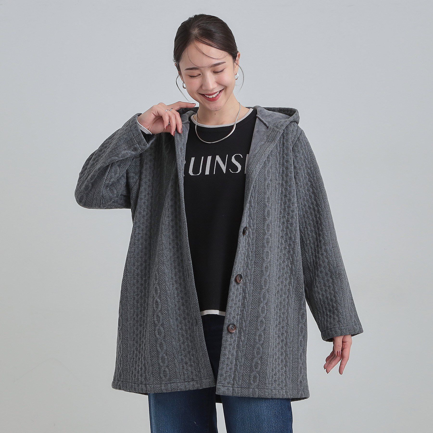 SHOO･LA･RUE「裏側ベロアジャージであったか ケーブルジャガードコーディガン」|カーディガン|