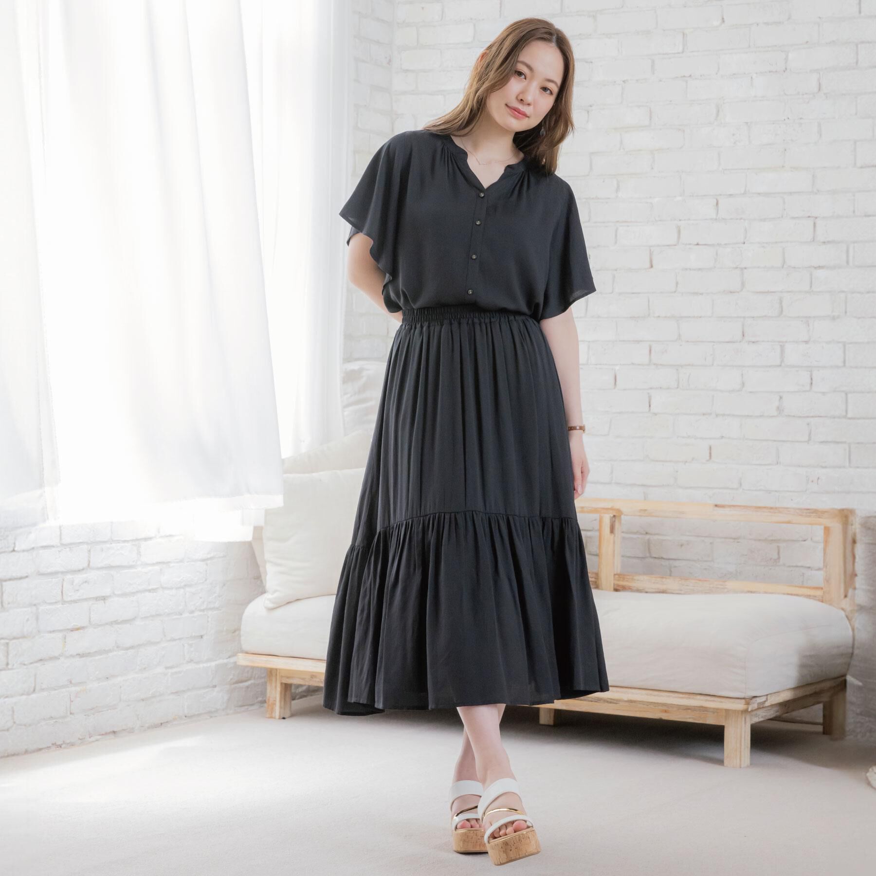 ITS&rsquo;DEMO「【接触冷感／羽織にも／手洗い可】強撚スラブフリル袖ブラウス」|シャツ・ブラウス|