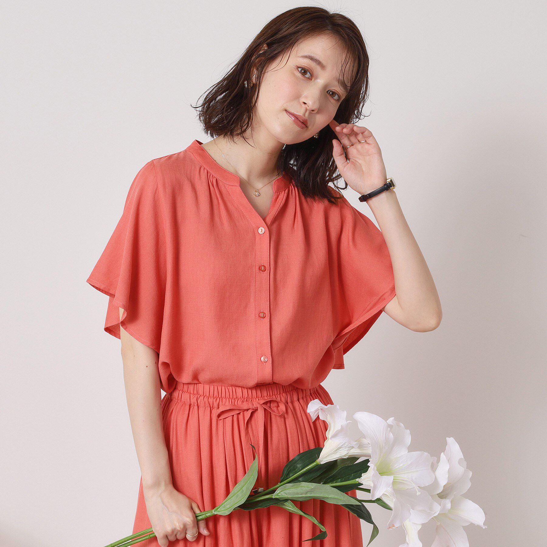 ITS&rsquo;DEMO「【接触冷感／羽織にも／手洗い可】強撚スラブフリル袖ブラウス」|シャツ・ブラウス|ピンク(073)