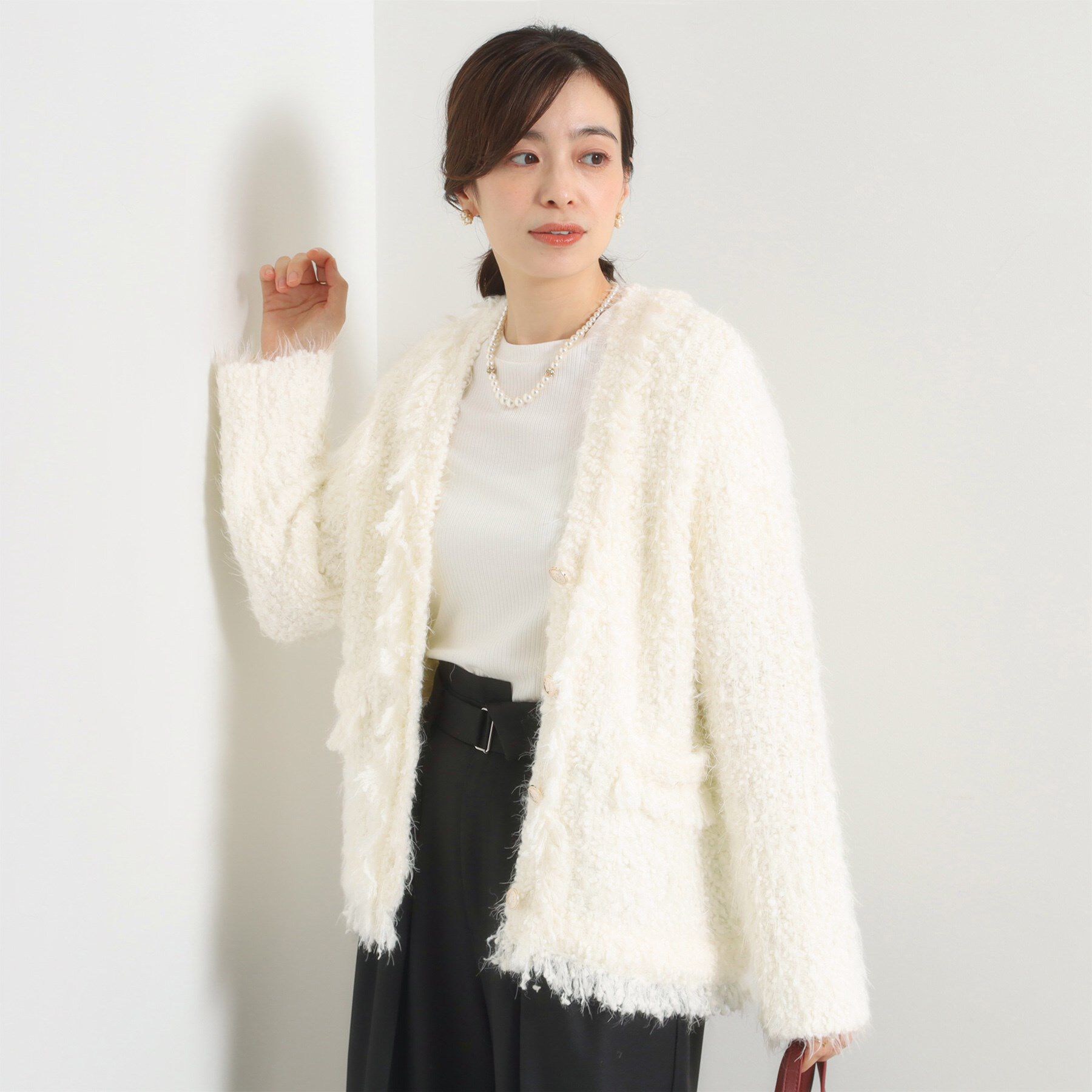 ITS&rsquo;DEMO「ファンシーヤーンニットジャケット」|ノーカラージャケット|オフホワイト(003